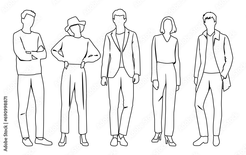 Vector silhouettes of men and a women, a group of standing business people, linear sketch, black and white color isolated on white background Vector silhouettes of men and a women, a group of standing business people, linear sketch, black and white color isolated on white background
