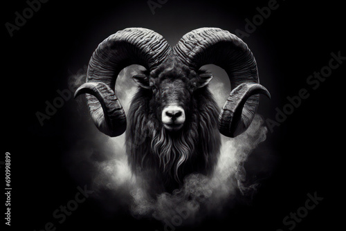 majestic ram with huge horns on black background in smoke behind it. ai generative