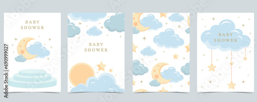 Baby shower invitation card for boy with balloon, cloud,sky, blue