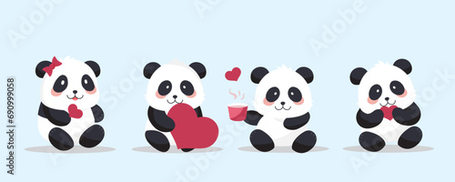 Fototapeta Naklejka Na Ścianę i Meble -  cute panda object set with heart for valentine's day.illustration vector for postcard,icon,sticker