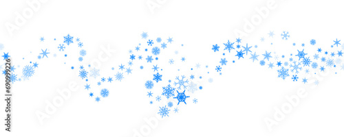 Snowflakes vector background. Winter holiday wavy decor with blue crystal elements. Graphic icy frame isolated on white backdrop.