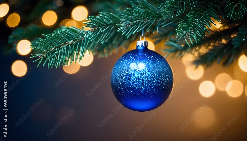 Christmas Gift Present In Ball Hanging Fir Branch With Bokeh Lights In Blue Abstract Eve Night