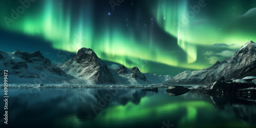 Aurora over the sea, snowy mountains and city lights at night. beautiful northern lights Starry sky with polar lights Winter landscape with aurora. Reflection. Sandy beach. © sonchai paladsai