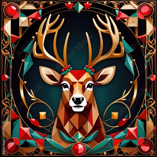 Christmas reindeer, holiday seasonal traditional decoration, vintage art deco illustration
