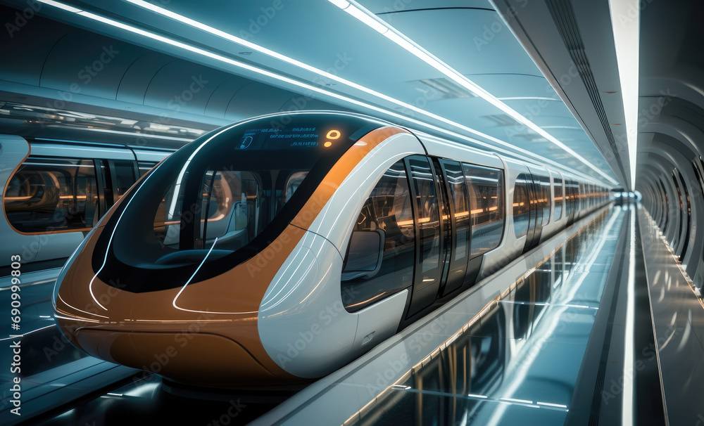 A futuristic transportation hub where passengers board hyperloop pods for high-speed, frictionless travel between cities, The infrastructure boasts sustainable and energy-efficient design.