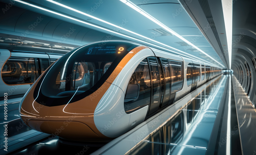 Naklejka premium A futuristic transportation hub where passengers board hyperloop pods for high-speed, frictionless travel between cities, The infrastructure boasts sustainable and energy-efficient design.