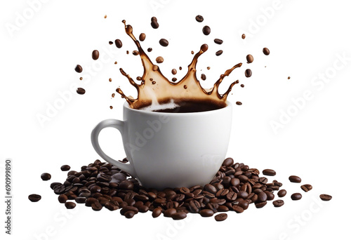 Coffee splash in a white cup with coffee beans isolated on transparent background
