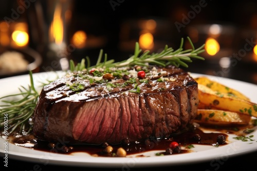 Fototapet Filet mignon on a plate (Beef fillet served with a choice of pepper or mushroom sauce)