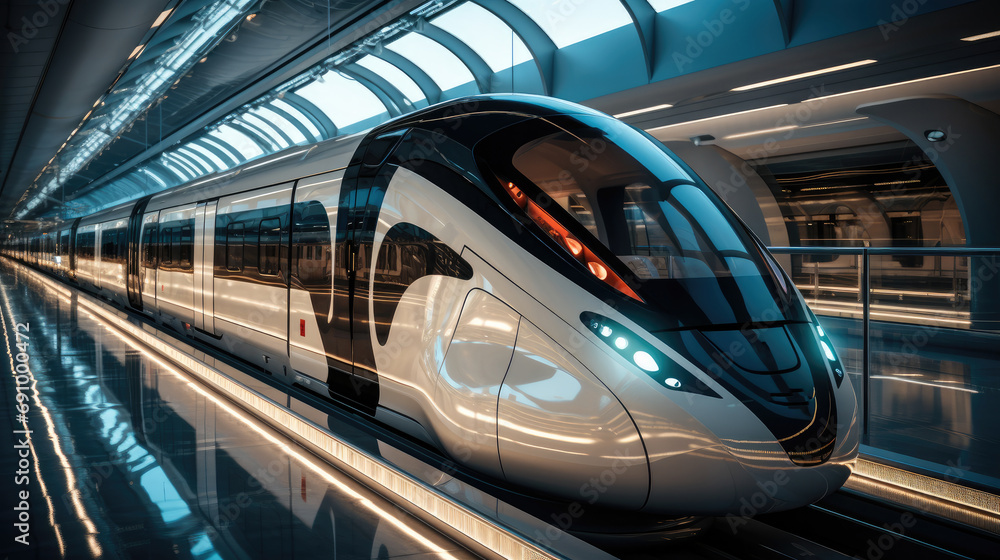 Fototapeta premium A futuristic train inside a train station.