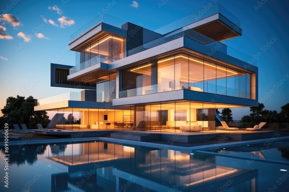 A Modern villa, Floor-to-ceiling windows, Large color block decoration, Futuristic architectural style. A Modern villa, Floor-to-ceiling windows, Large color block decoration, Futuristic architectural style.