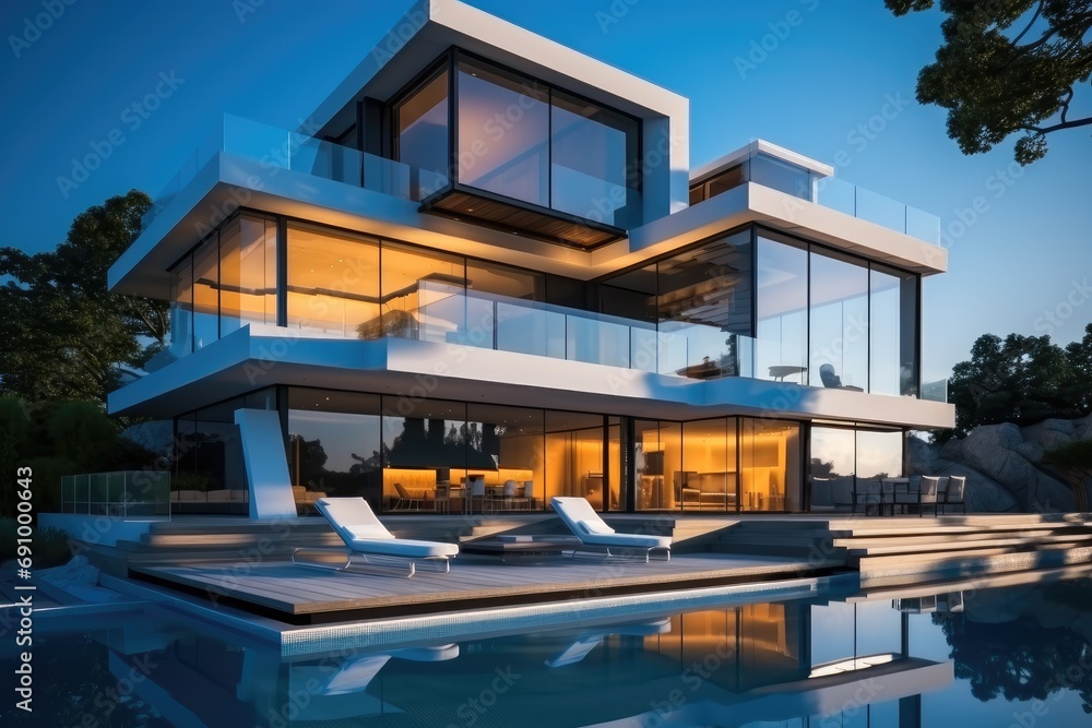 A Modern villa, Floor-to-ceiling windows, Large color block decoration, Futuristic architectural style.