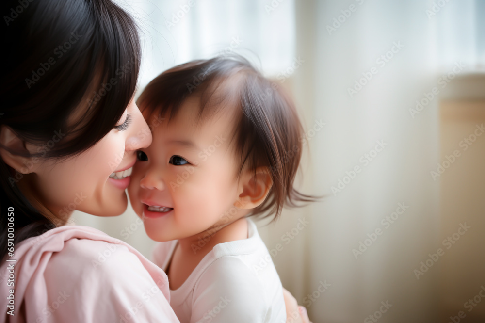 Close-up of Asian mother and child sharing a tender, happy moment.
Close-up of Asian mother and child sharing a tender, happy moment.