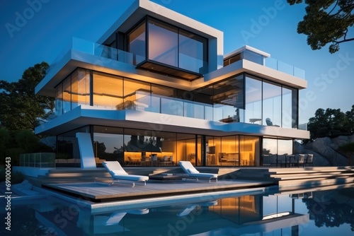A Modern villa  Floor-to-ceiling windows  Large color block decoration  Futuristic architectural style.