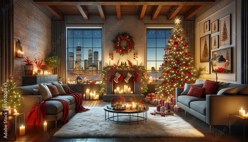 Christmas themed indoor scene and city skyline in the background. 