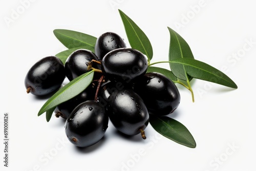 Black olives with leaves isolated on transparent or white background