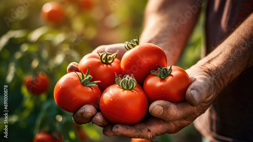 A farmer holds a handful of fresh tomatoes in his hands