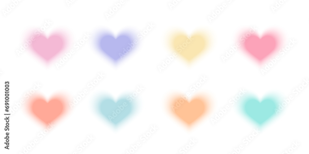 Set of blurred hearts in y2k style for design.Collection isolated.Valentine's Day.Vector stock illustration.