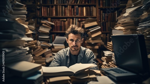 A man is surrounded by disarrayed books with scattered papers and a laptop, Wearing an expression of annoyance and inattention.