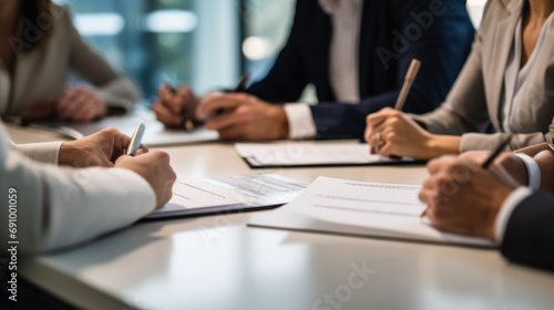 Close-up view of hands signing a document, with multiple individuals engaged in a business meeting around a table.