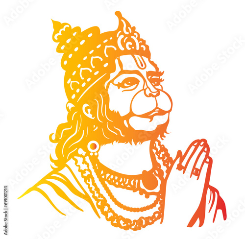 Lord Hanuman face with hands folded vector sketch 