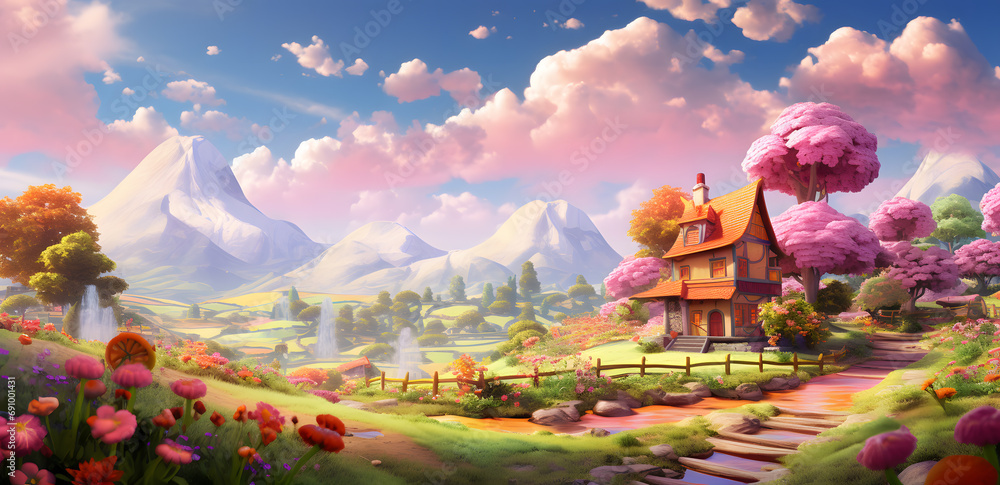 Magical rural landscape with pinky clouds and joyful nature