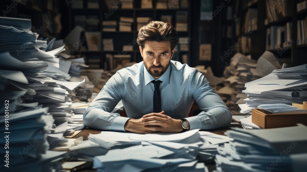 Busy businessman multitasking or tired and exhausted from overworked, Overload job, Lot of paperworks concept, Workaholic businessman working hard on his office desk with paper works. Busy businessman multitasking or tired and exhausted from overworked, Overload job, Lot of paperworks concept, Workaholic businessman working hard on his office desk with paper works.