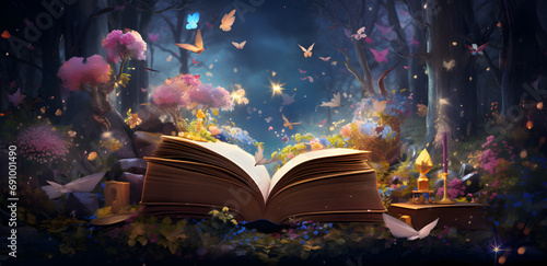 magic book with magic lights and butterflies flying arround  photo
