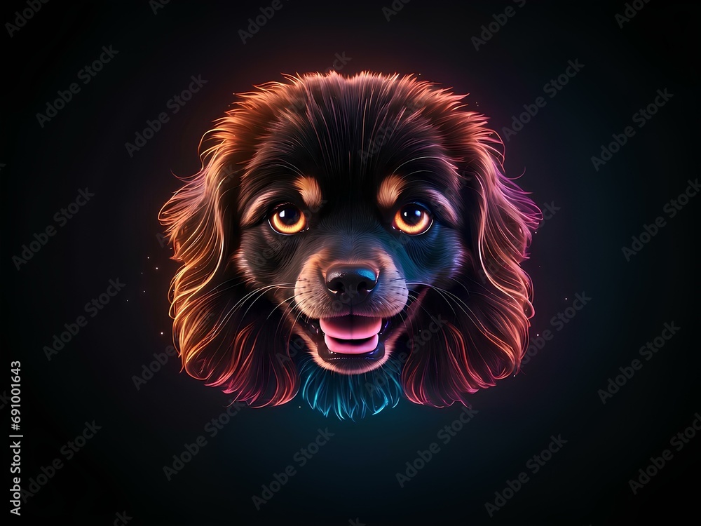 transparent glowing dog face, glowing lines, black background, for design, isolated
