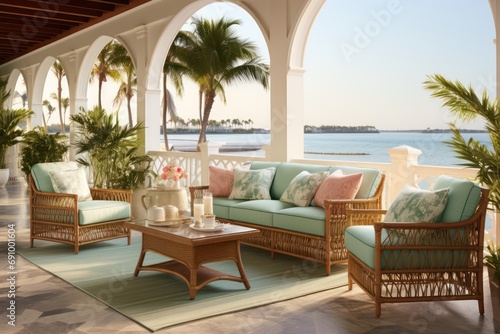 Beach Resort Paradise  Tropical prints  rattan furniture