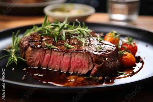 Beef steak on plate.