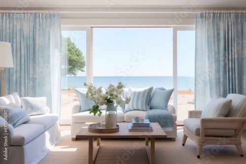 Beachy vibes with light, airy curtains and a coastal 