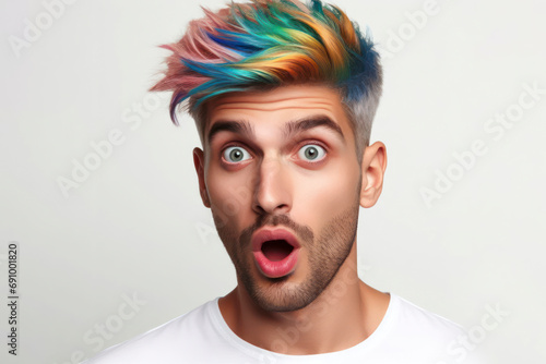 Surprise Very Attractive Man Short Haircut, Rainbow Hair. ai generative