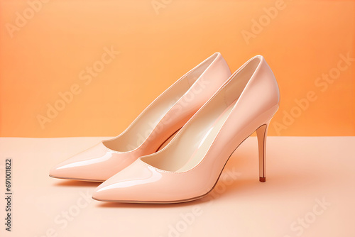 beautiful high heels pumps on a peach fuzz color of the year 2024 backgrround