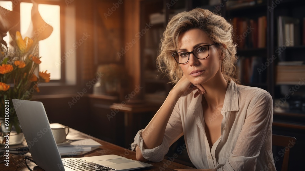 A weary yet determined mature businesswoman sits at her desk in the quiet corners of a home office. A weary yet determined mature businesswoman sits at her desk in the quiet corners of a home office.