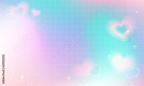 Gradient background with mesh and blurred hearts, geometric shapes, y2k style.Valentine's Day, wedding.Banner with copy space.Vector stock illustration.