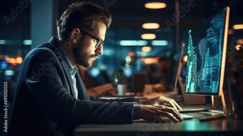 Developer coder intensely working on their computer with lines of code on the screen, Have a concentrated expression, Showing their dedication and passion for AI development in a office.