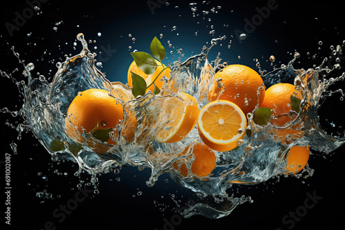 Tangerines oranges in splashes of water on a dark background. Generative AI.