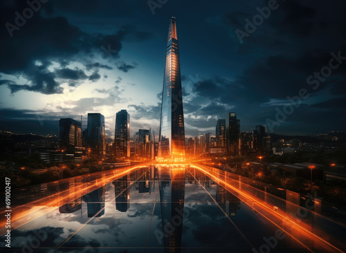 A high future glass skyscraper in a big city, Future city background, Evening lights, Architecture.