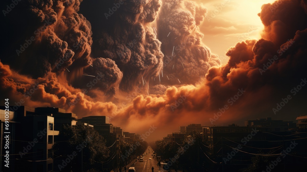 A cityscape in chaos as a volcanic eruption unfolds.
