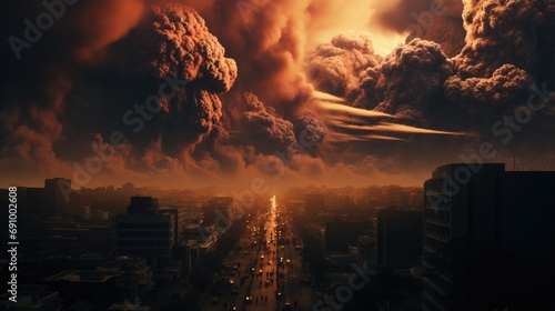 A cityscape in chaos as a volcanic eruption unfolds. photo
