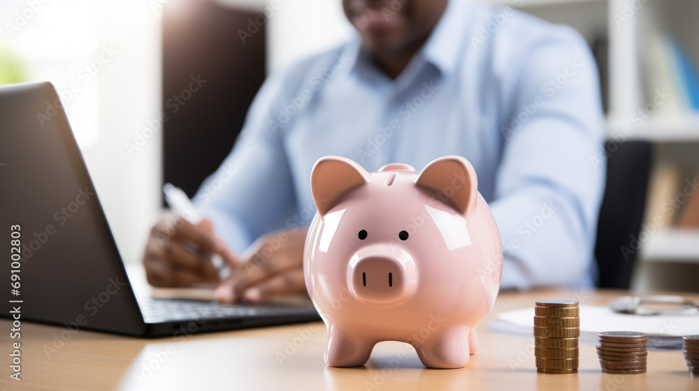 Piggybank on a desk with stacks of coins next to it, while a blurred businessman works on a laptop in the background. Piggybank on a desk with stacks of coins next to it, while a blurred businessman works on a laptop in the background.
