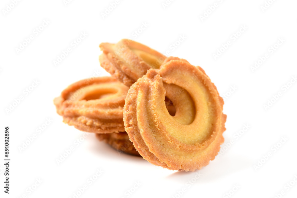 Danish butter cookies macro cutout.Round shortbread biscuits with sugar isolated