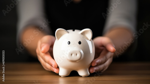 Woman holding Piggy bank in her hands