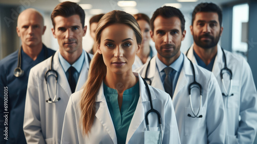 Different race and age doctors standing with team at hospital. Generative AI.