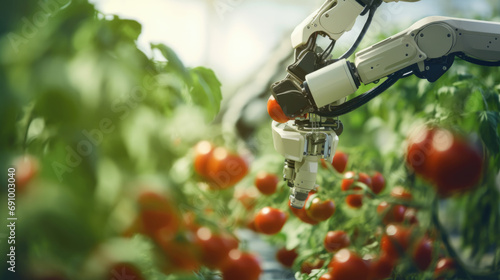 Robot with multiple articulating arms and sensors harvesting ripe tomatoes in a greenhouse. photo