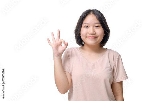 Close-up portrait of her she nice attractive lovely cheerful cheery girl showing ok-sign