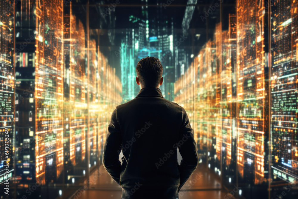 Man in front of a supercomputer in a technological institute, servers to process billions of data per second, petaflops in a data center. Data network and artificial intelligence concept. Ai generated Man in front of a supercomputer in a technological institute, servers to process billions of data per second, petaflops in a data center. Data network and artificial intelligence concept. Ai generated
