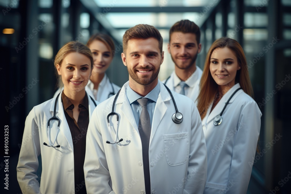 A happy doctor's team in front of modern operation theater. Generative AI. A happy doctor's team in front of modern operation theater. Generative AI.