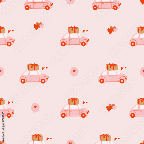 Seamless pattern with car delivering a gift. Valentine's day. February 14. 8 March, International Happy Women's Day. Love concept. Hand drawn vector illustration