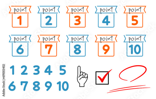 Number icons for points 1 to 10. Line drawing design in two colors blue and orange. photo